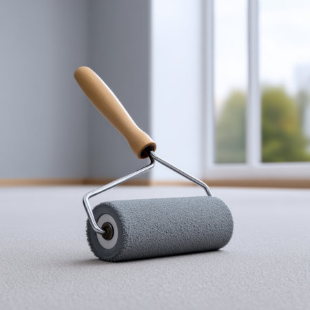 A paint roller sits on a smooth floor in a bright, inviting room, ready for a home improvement project. Ideal for showcasing renovation tools and creativity.の素材