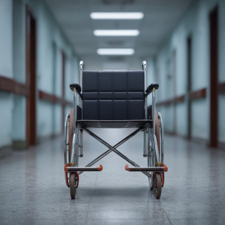 A solitary wheelchair sits in a dimly lit hospital corridor, symbolizing the intersection of care and solitude in healthcare environments.の素材