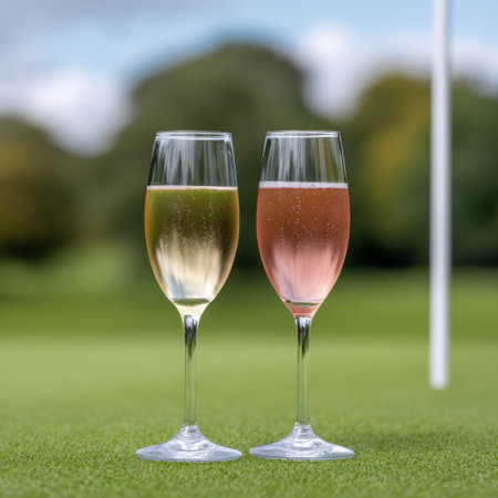 Two elegant champagne flutes filled with sparkling drinks showcase a vibrant blend of colors. The serene outdoor setting enhances the celebratory vibe.の素材