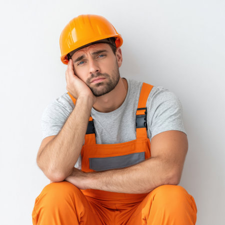 A young male construction worker in bright orange overalls and hard hat is seated, looking thoughtful and contemplative at a construction site.の素材
