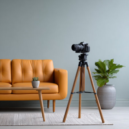 A bright and inviting living room featuring a modern yellow couch, a stylish camera on a tripod, and lush indoor plants, perfect for creative home photography.の素材
