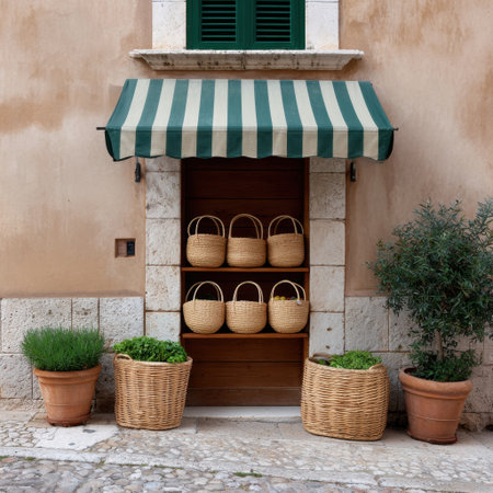 A picturesque entrance featuring a striped awning, wooden baskets, and lush potted plants against a rustic stone wall, showcasing Mediterranean charm.の素材
