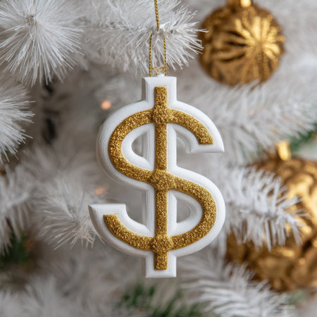A shimmering dollar sign ornament hangs on a white Christmas tree adorned with golden decorations, capturing the essence of holiday cheer and prosperity.の素材