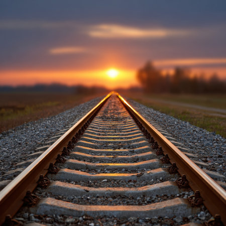 Captivating view of train tracks leading into a sunset, showcasing shimmering rails surrounded by tranquil landscape and warm atmospheric tones.の素材