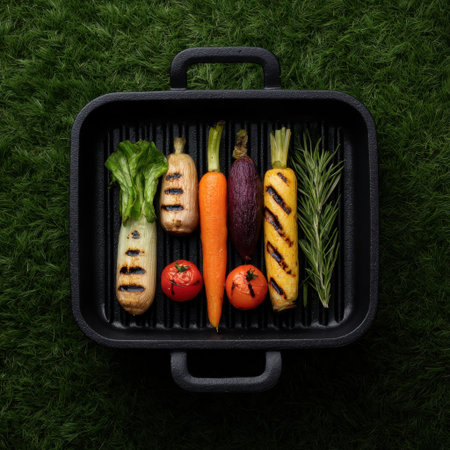 A visually appealing layout of grilled fresh vegetables, including carrots, tomatoes, and lettuce, on a black grill pan with a lush green background. Perfect for showcasing healthy cooking options.の素材