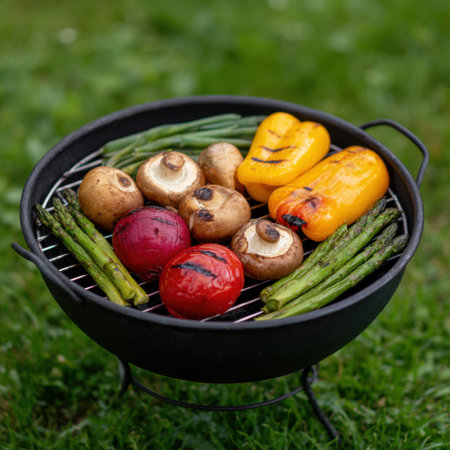 A colorful arrangement of fresh vegetables including peppers, onions, and mushrooms placed on a grill for a summer barbecue, surrounded by lush green grass.の素材