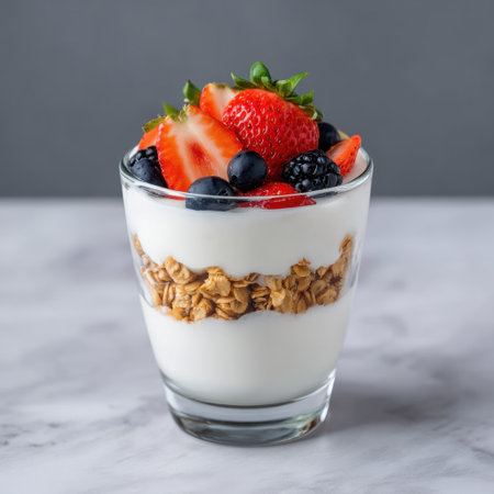A vibrant yogurt parfait featuring layers of creamy yogurt, crunchy granola, and an assortment of fresh berries. Perfect for a nutritious snack or breakfast!の素材