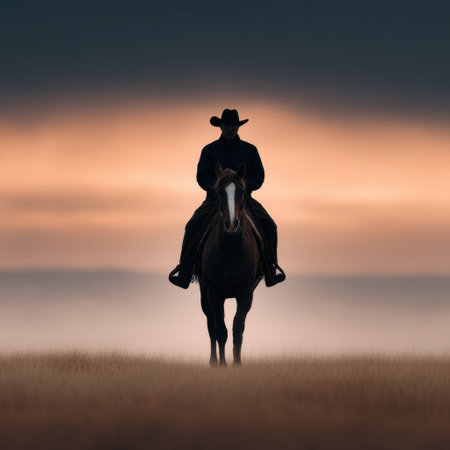 A striking silhouette of a rider on a horse stands against a serene dusk sky, capturing the essence of tranquility and adventure in wild landscapes.の素材