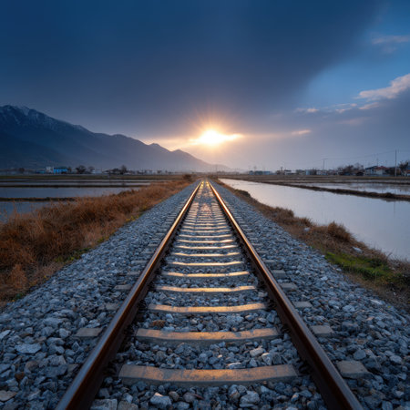 A captivating sunset illuminates a stretch of railroad tracks, creating a peaceful scene in a rural landscape with mountains and water.の素材