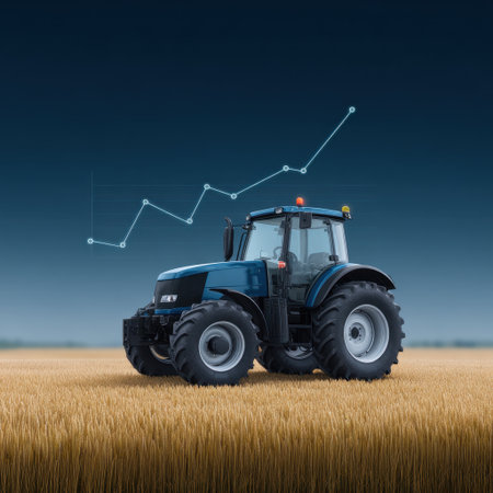 A blue tractor stands in a golden field, symbolizing agricultural productivity. Overlaid with a growth chart, it highlights the role of modern technology in farming.の素材