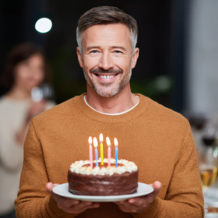 A joyful man stands proudly with a birthday cake adorned with candles, celebrating with friends at a festive gathering filled with laughter and warmth.の素材