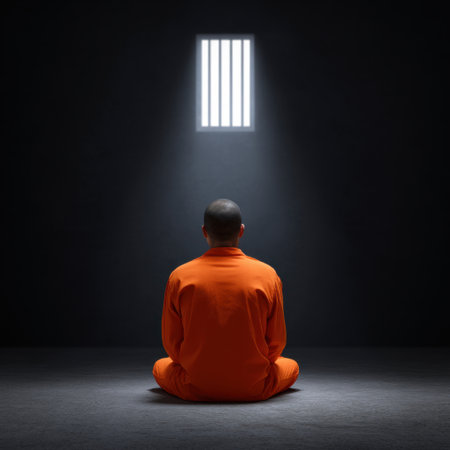 A solitary figure dressed in an orange jumpsuit sits cross-legged on a dark floor, illuminated by a beam of light. The image evokes feelings of isolation, introspection, and the human experience within a confined space.の素材