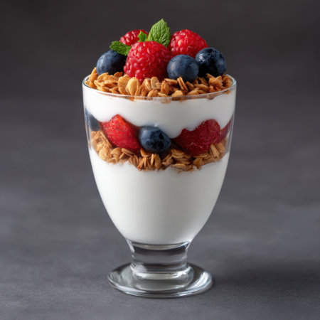 A vibrant yogurt parfait featuring layers of fresh raspberries, blueberries, and crunchy granola, all elegantly arranged in a glass, perfect for healthy snacking.の素材