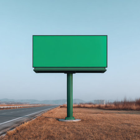 A vivid green billboard stands tall beside a highway, offering a blank canvas for advertisement. The serene landscape and clear blue sky provide an ideal backdrop.の素材