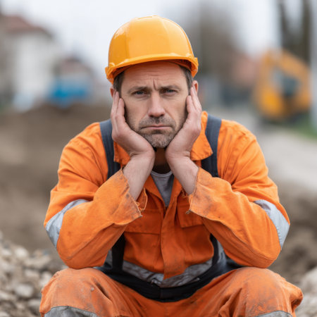 A construction worker in an orange uniform and hard hat sits on the ground, reflecting on his next steps outdoors at a worksite.の素材