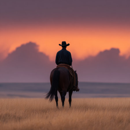 A serene view of a cowboy riding his horse into the sunset, capturing a moment of solitude and tranquility. The vibrant sky showcases stunning hues, highlighting the beauty of nature.の素材