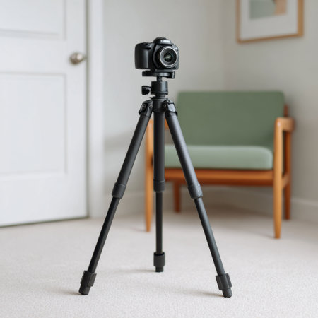 A well-equipped camera rests on a sturdy tripod in a minimalist interior space, showcasing sleek design and natural light perfect for photography.の素材