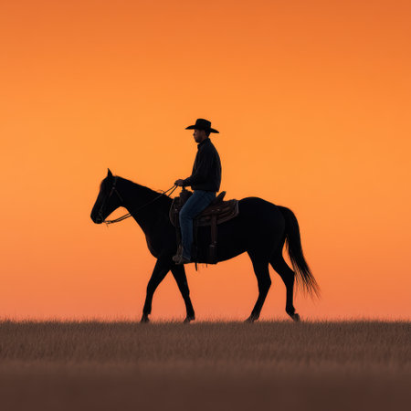 A solitary rider on horseback stands silhouetted against a vivid sunset, highlighting the peaceful connection between man and nature in an expansive landscape.の素材
