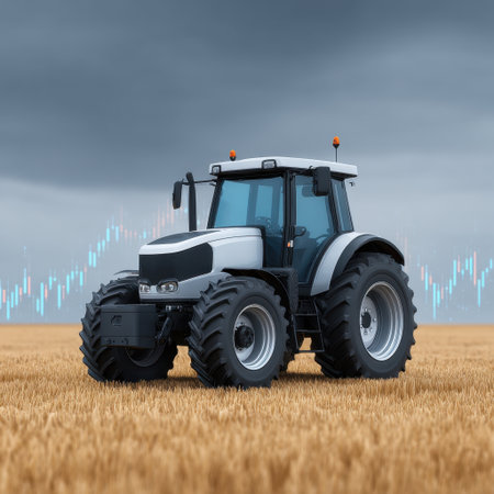 A modern farming tractor stands prominently in a golden field, enhanced by graphical elements that symbolize data and growth. This image represents innovation in agriculture, merging traditional landscapes with technological advancements.の素材
