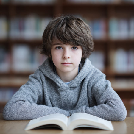 A thoughtful young boy is sitting at a table in a library, focused on an open book. His casual sweater and calm expression suggest deep concentration and curiosity.の素材