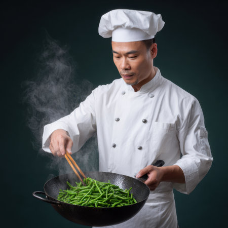 A skilled chef expertly cooks fresh green beans in a wok, creating a flavorful dish. Steam rises as he showcases his culinary talents in a modern kitchen.の素材