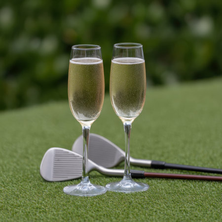Two elegant champagne flutes filled with sparkling bubbles rest on vibrant green grass beside golf clubs, creating a perfect celebration scene outdoors.の素材