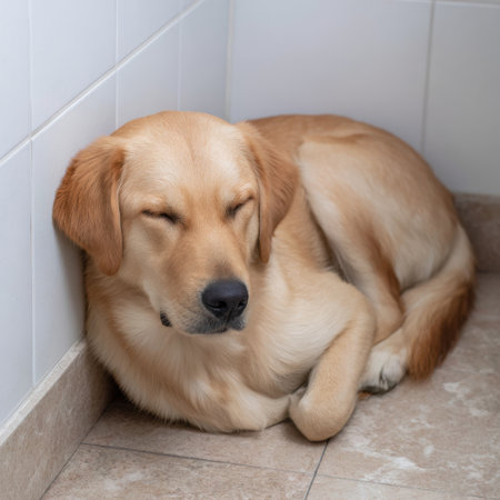 A serene golden retriever dog rests comfortably with eyes closed in a cozy indoor setting, radiating warmth and tranquility, perfect for pet lovers.の素材