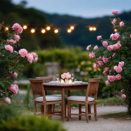 A charming outdoor dining setup awaits in a tranquil garden, complete with wooden furniture and blooming roses, perfect for romantic evenings.の素材