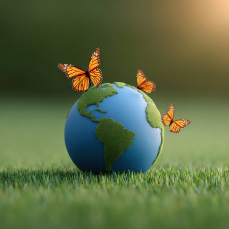 This stunning image features vibrant butterflies resting on a blue globe, set against a lush green grass background, symbolizing natureの素材