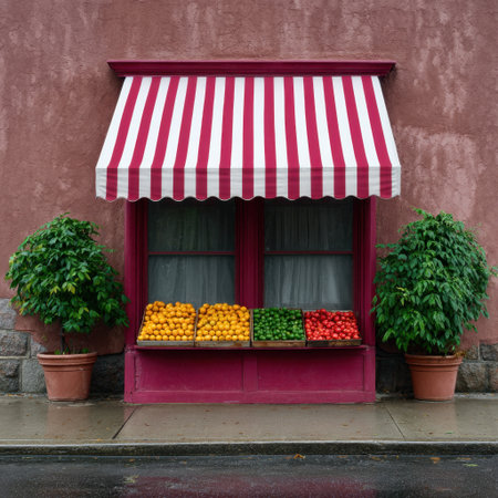 A charming fruit stall showcases vibrant oranges and limes beneath a red and white striped awning, surrounded by lush greenery on a rainy day.の素材