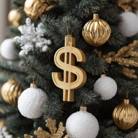 This captivating image features a Christmas tree adorned with a golden dollar sign ornament, white snowflakes, and shiny baubles, creating a festive atmosphere.の素材