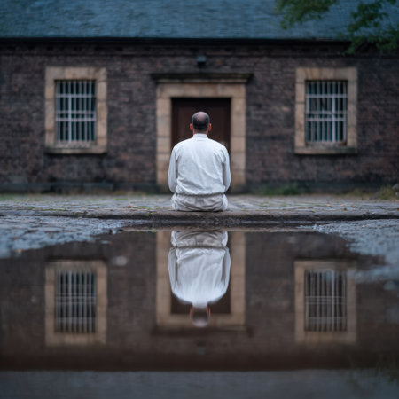 A serene scene showcasing a person meditating in front of an abandoned building, reflected in a calm pool of water. The image evokes deep tranquility and introspection.の素材