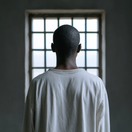 A figure stands with their back to the viewer in front of a window, bathed in soft natural light, capturing introspection and solitude in a minimalistic environment.の素材