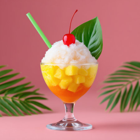 A vibrant and refreshing tropical dessert featuring shaved ice topped with ripe mango and pineapple chunks, garnished with a cherry and a green leaf against a soft pink backdrop. Perfect for summer enjoyment.の素材