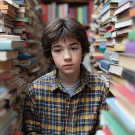 A young boy sits amidst towering stacks of colorful books in a cozy library, embodying a moment of reflection and curiosity, inviting viewers into a world of imagination.の素材