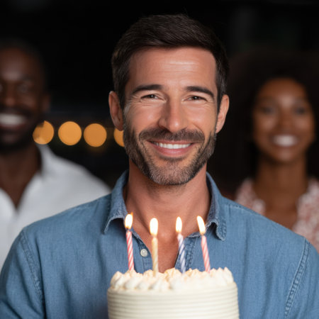 A joyful scene featuring a happy man celebrating his birthday with friends. He smiles brightly, surrounded by laughter, candles, and festive decorations.の素材