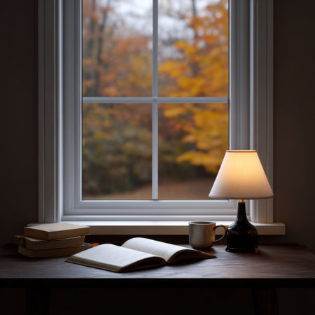 Enjoy a tranquil autumn reading nook featuring an open book, a warm lamp, and a scenic window view of colorful fall foliage, perfect for relaxation.の素材