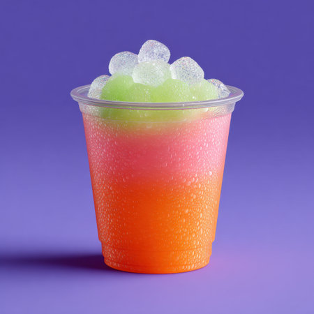 A vibrant drink served in a transparent cup showcases an eye-catching gradient of colors topped with ice. Perfect for summer refreshment or party enjoyment.の素材