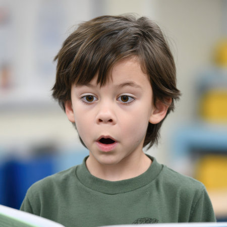 A young boy exhibits a surprised expression while reading in a classroom. His engagement highlights the joy of learning and the magic of discovery.の素材