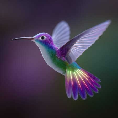 A stunning image of a colorful hummingbird captured in mid-flight showcases its vibrant feathers and delicate wings, set against a softly blurred background.の素材