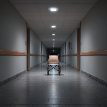 This image captures an empty hospital corridor featuring a solitary wheelchair under bright lights, evoking feelings of solitude and reflection in a sterile environment.の素材