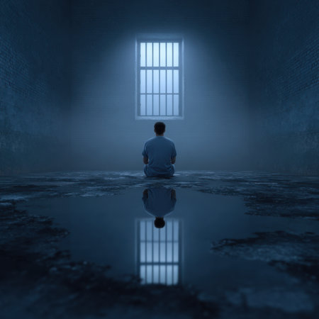 A solitary figure sits in a dimly lit room, surrounded by the reflections of water and illuminated by a distant window, evoking feelings of isolation and introspection.の素材