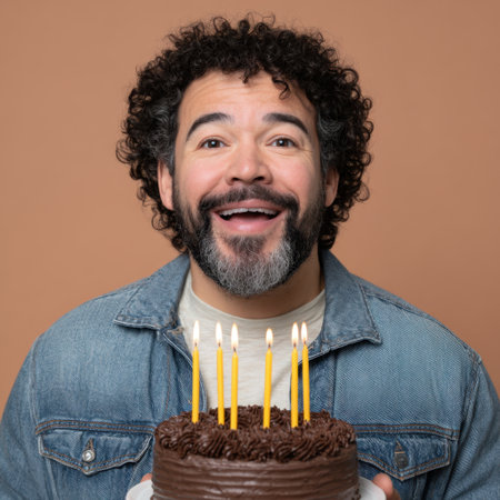 A joyful man beams with happiness while celebrating his birthday with a delicious cake adorned with candles, capturing the essence of festivity and joy.の素材
