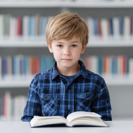 A young boy with short hair sits in a library reading a book. He looks focused and thoughtful, surrounded by shelves filled with literature.の素材