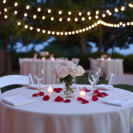 This captivating outdoor dinner setup features a beautifully adorned table with fresh flowers, candles, and soft string lights, creating a romantic atmosphere for any special event.の素材