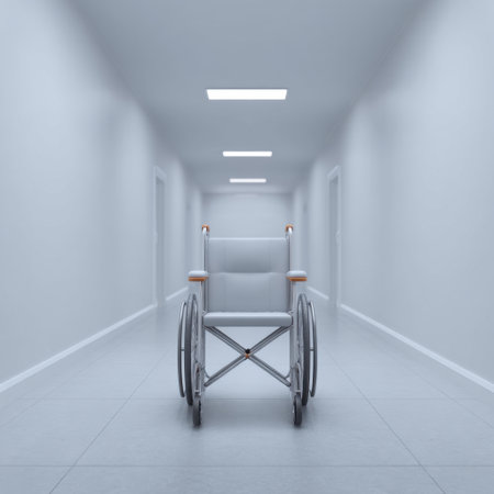 An empty wheelchair sits in a long, dimly lit corridor, evoking themes of solitude and the journey through health care environments. This image captures the essence of accessibility and comfort in medical settings.の素材