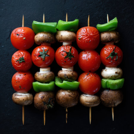 Colorful vegetable and mushroom skewers arranged neatly, showcasing vibrant tomatoes, green peppers, and fresh herbs, ideal for grilling and summer feasts.の素材