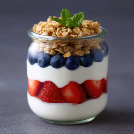 A vibrant yogurt parfait featuring layers of creamy yogurt, fresh strawberries, blueberries, and crunchy granola. Perfect for healthy snacking or breakfast.の素材