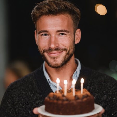 A cheerful young man poses with a beautifully decorated chocolate cake featuring candles, embodying joy and celebration in a warm, indoor setting.の素材