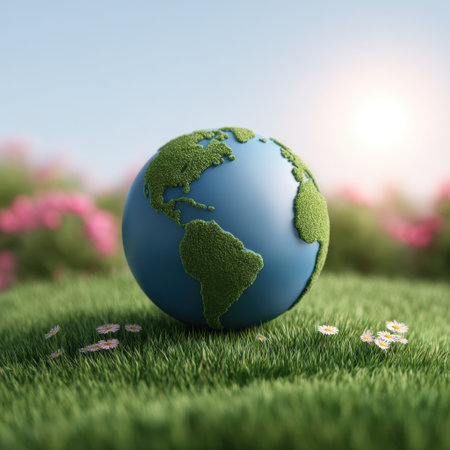A captivating image of a green globe covered in grass, surrounded by blooming flowers, symbolizing a vibrant, healthy planet in a sunny outdoor setting.の素材